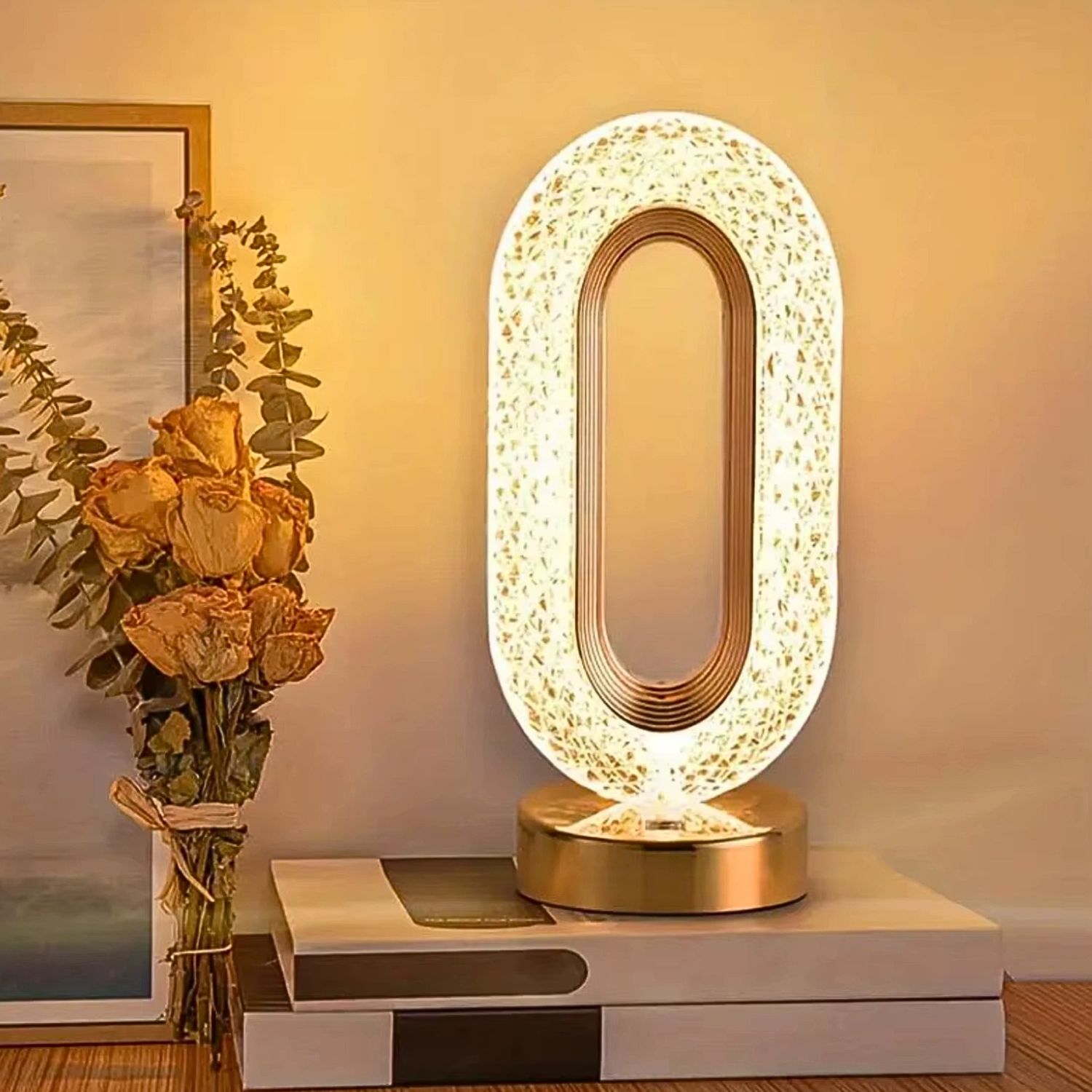 Luminária de Mesa Abajur Oval 15CM Lâmpada Quarto Luxuosa Cristal Acrílico 3 Tons de Led